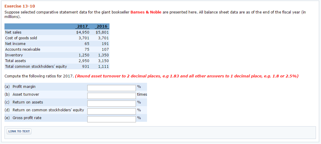 Suppose selected comparative statement data for the giant bookseller Barnes & Noble
