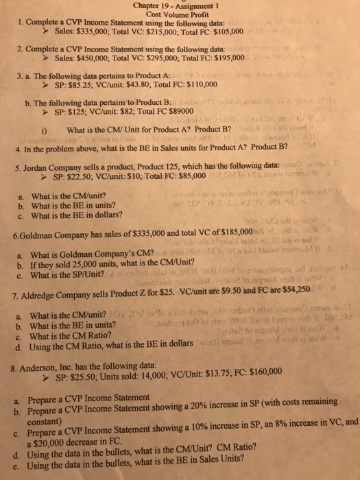  Chapter 19- Assignment 1 Cost Volume Profit 1. Complete a CVP