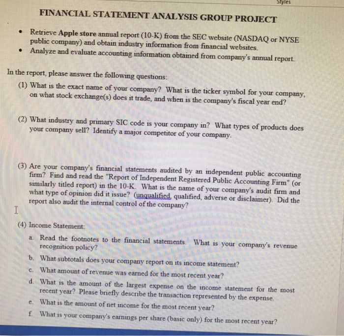  Styles FINANCIAL STATEMENT ANALYSIS GROUP PROJECT Retrieve Apple store annual report