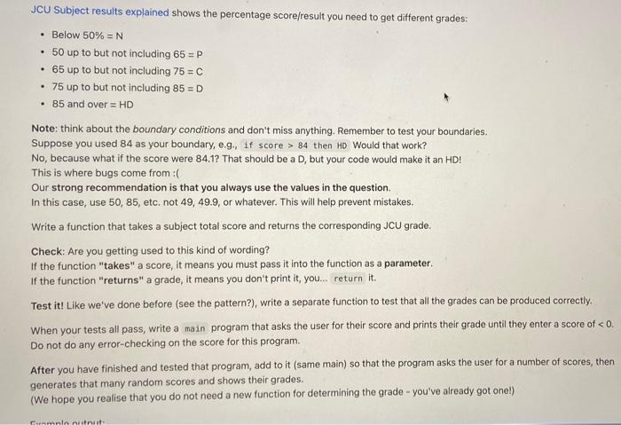 wrrite the python code JCU Subject results explained shows the percentage score/result