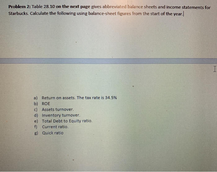  Problem 2: Table 28.10 on the next page gives abbreviated balance