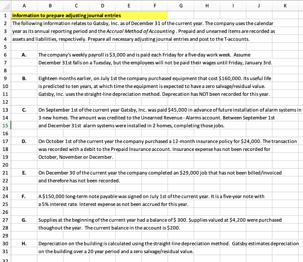  C D E F 1 Information to prepare adjusting journal entries