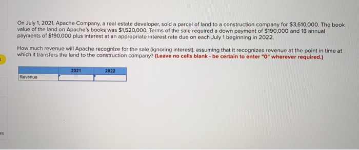  On July 1, 2021, Apache Company, a real estate developer, sold