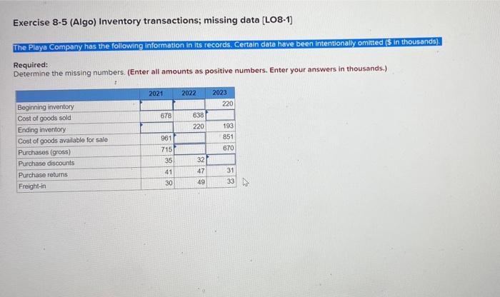  Exercise 8-5 (Algo) Inventory transactions; missing data (L08-1) The Playa Company