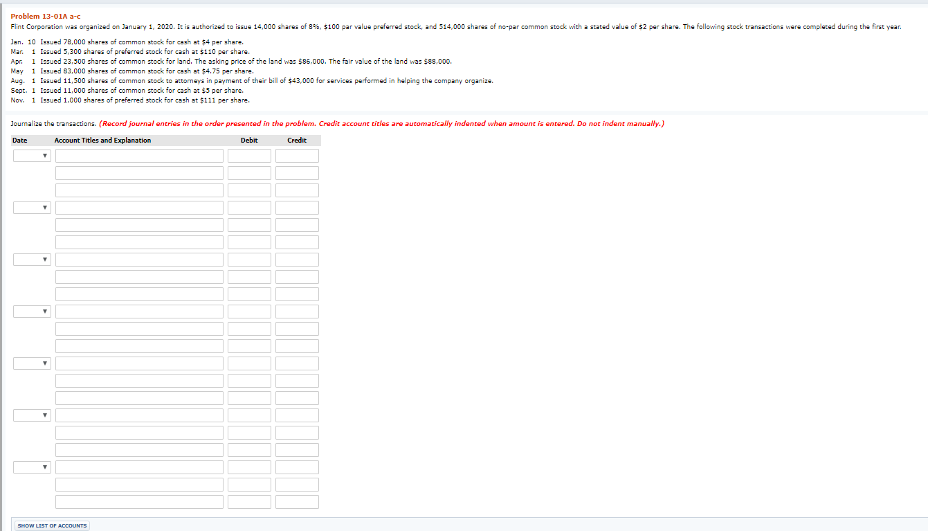 B C Problem 13-01A a-c Flint Corporation was organized on January 1,