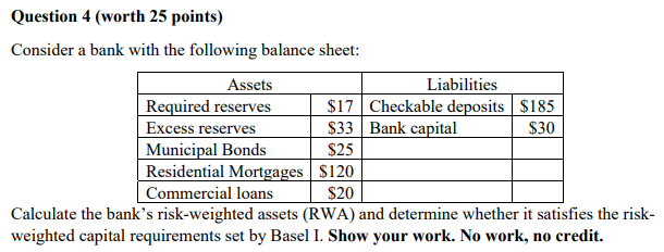  Question 4 (worth 25 points) Consider a bank with the following