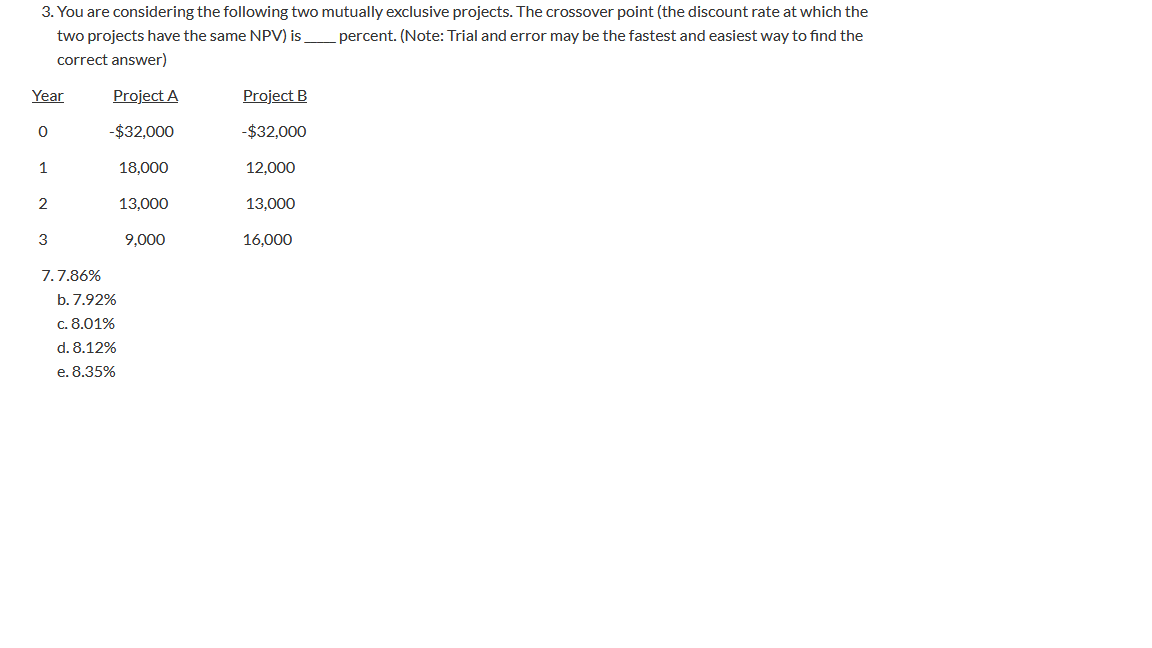 3. You are considering the following two mutually exclusive projects. The