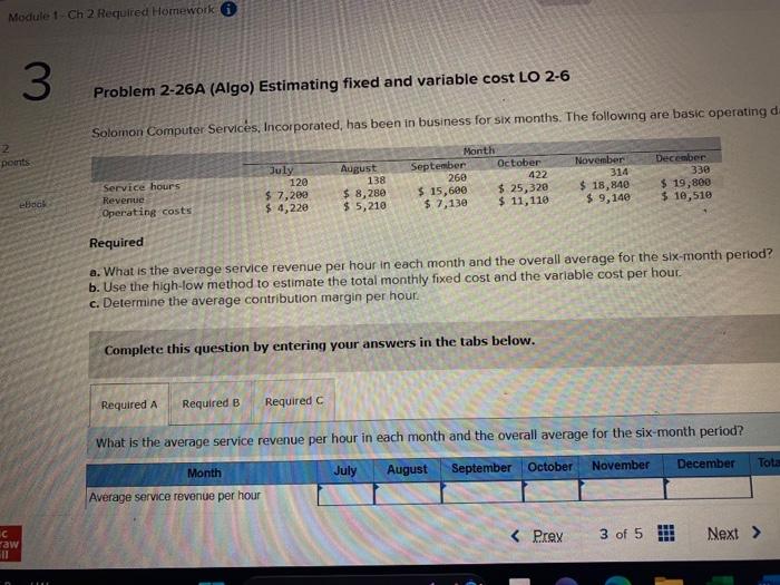  Problem 2-26A (Algo) Estimating fixed and variable cost LO 2-6 Solomon