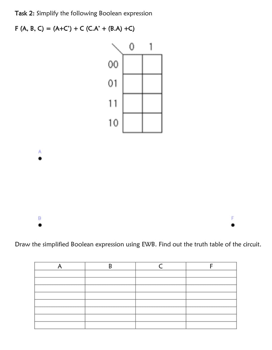  Task 2: Simplify the following Boolean expression using K-Map F(A,B,C)=(A+C')+C(C.A'+(B.A)+C) A