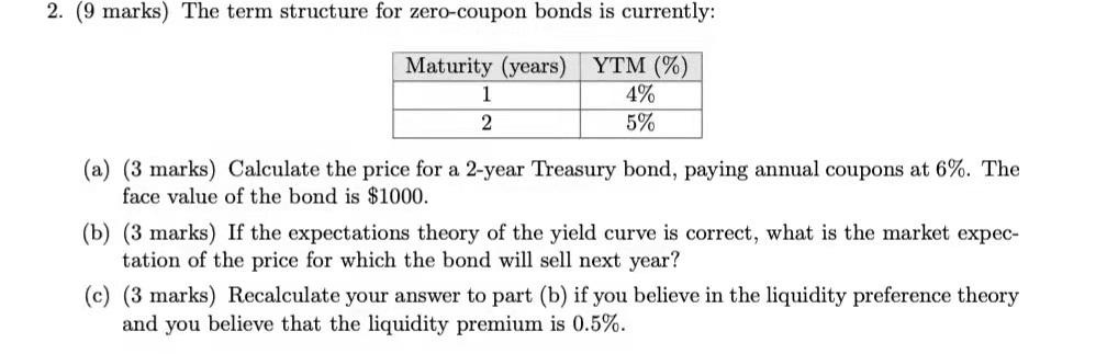 2. (9 marks) The term structure for zero-coupon bonds is currently:
