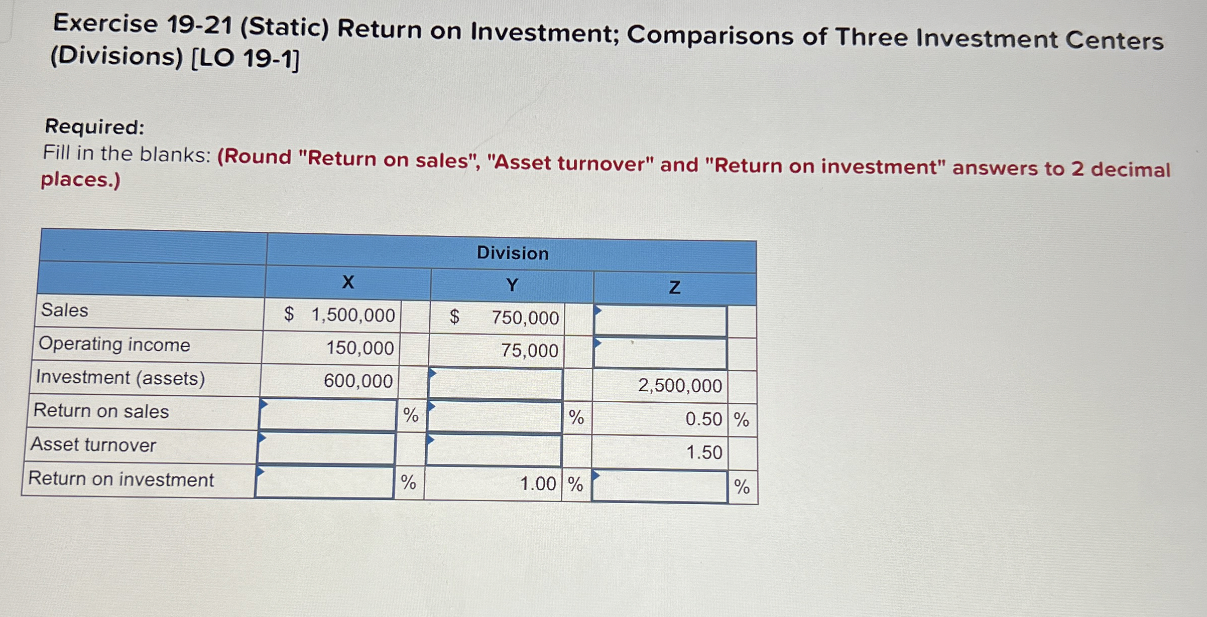  Exercise 19-21(Static) Return on Investment; Comparisons of Three Investment Centers (Divisions)[LO