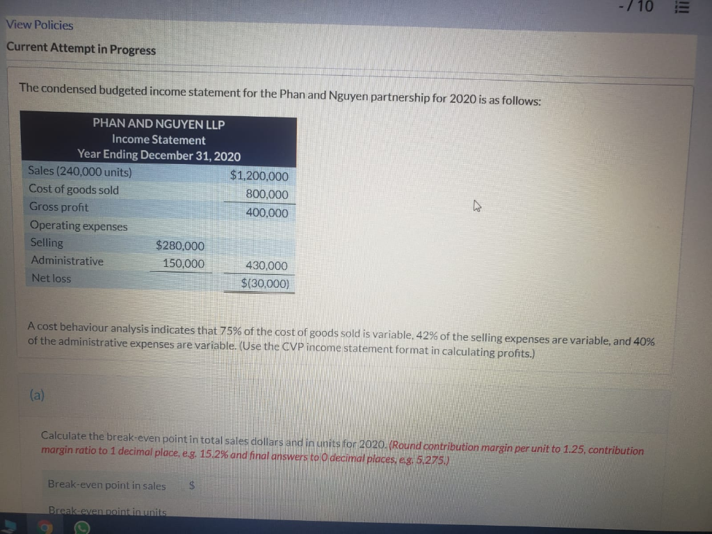 -7 10 View Policies Current Attempt in Progress The condensed budgeted