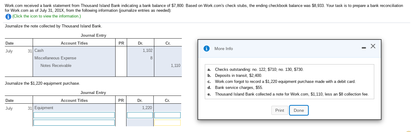 Work.com received a bank statement from Thousand Island Bank indicating a