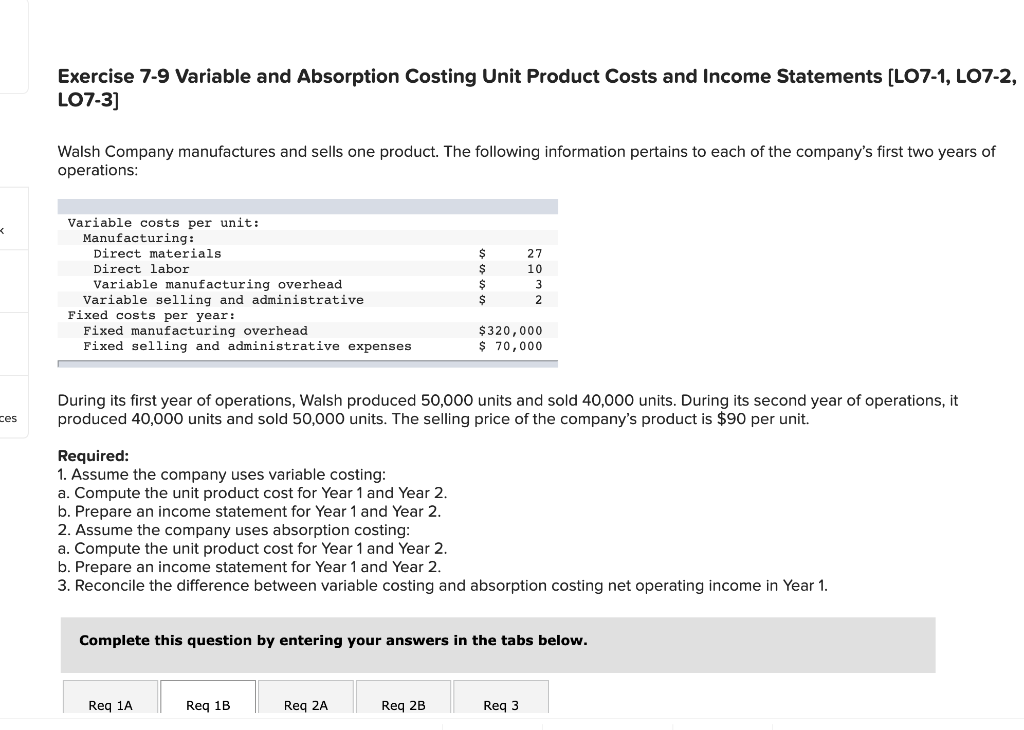 Exercise 7-9 Variable and Absorption Costing Unit Product Costs and Income