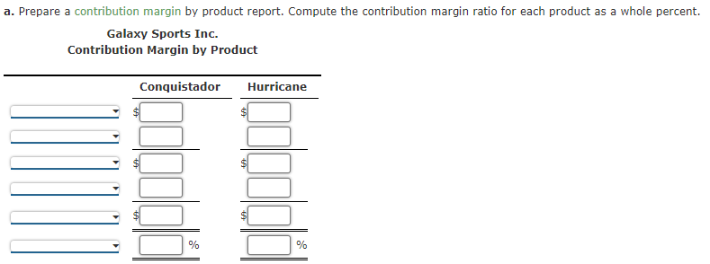 margin ratio for each product as a whole percent. Galaxy Sports Inc.