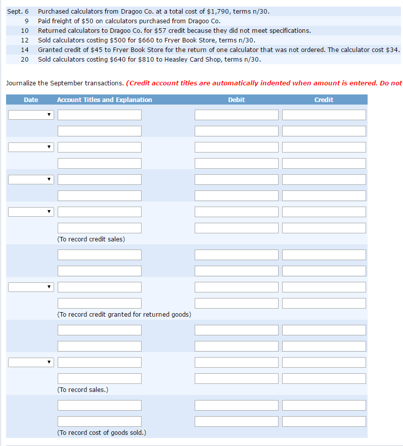  Journalize the September transactions