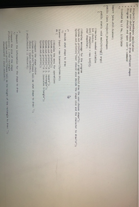 which ask user to decide what shape to draw, the size of