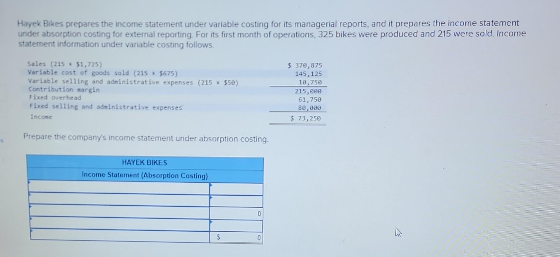 Hayek Bikes prepares the income statement under variable costing for its