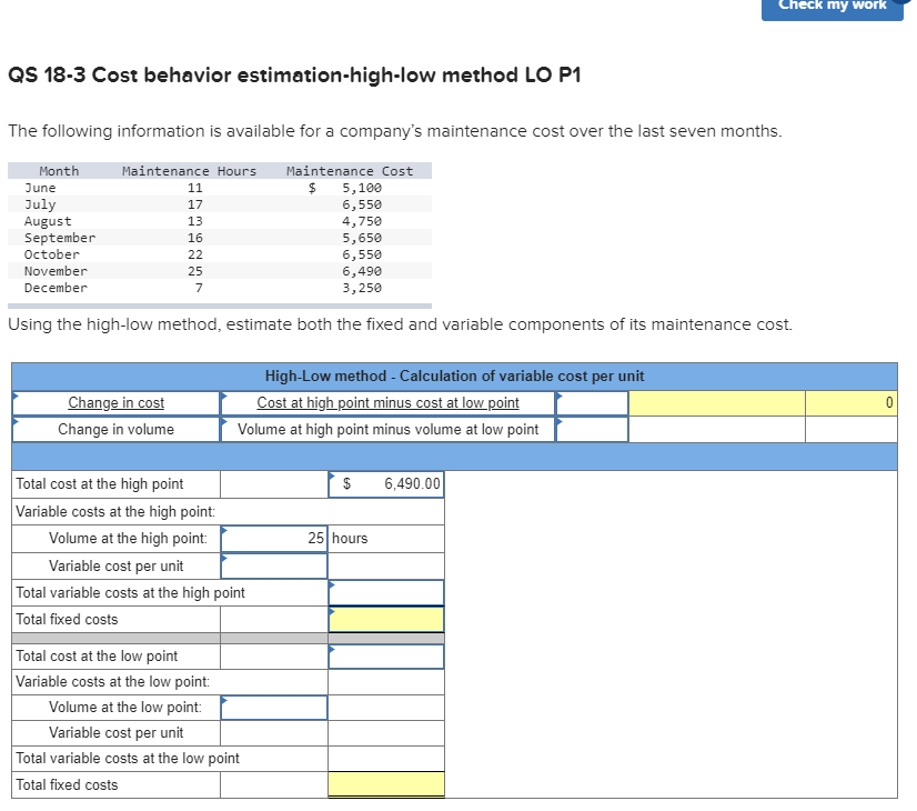  Check my work QS 18-3 Cost behavior estimation-high-low method LO P1