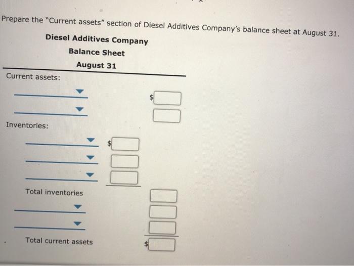Balance Sheet Partial balance sheet data for Diesel Additives Company at August
