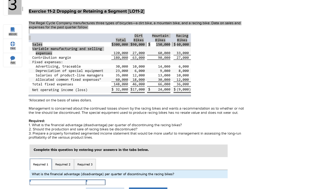 and a racing bike. Data on sales and expenses for the past