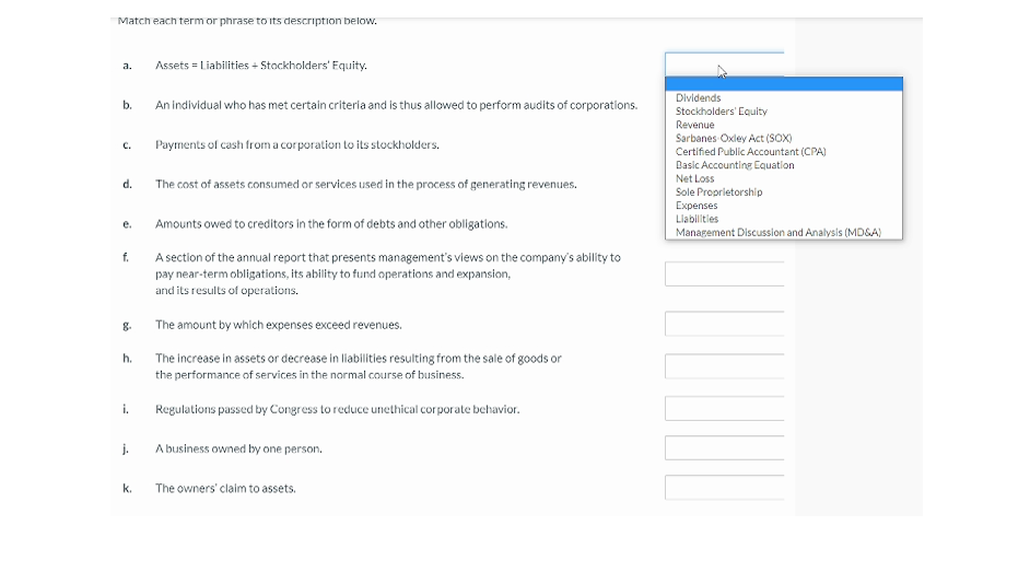  Match each term or phrase to its description below. a. Assets