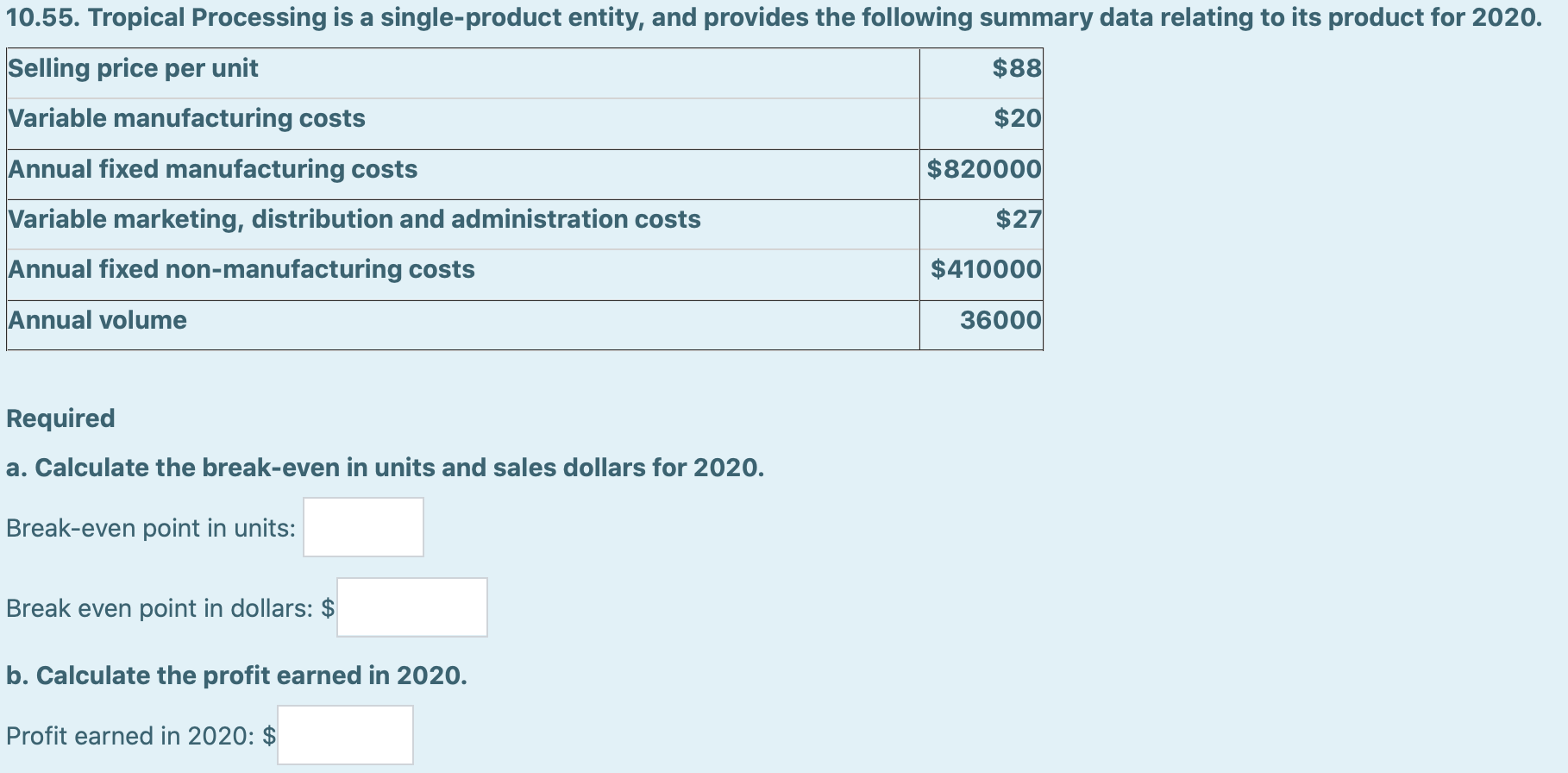 10.55. Tropical Processing is a single-product entity, and provides the following