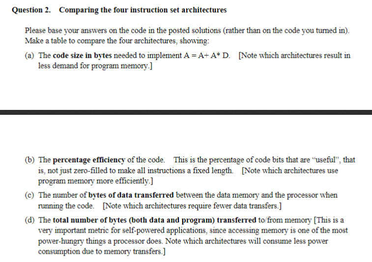 Compare the four instruction set architectures (Accumulator, Stack, Two address load-store and