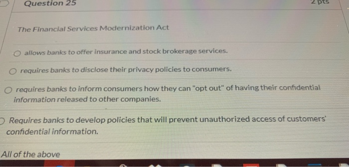  Question 25 2 pts The Financial Services Modernization Act allows banks