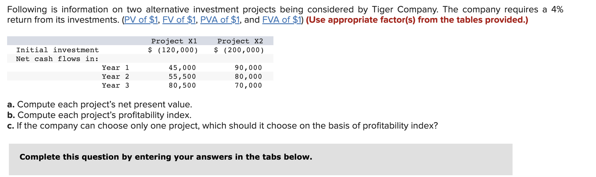  Compute each project's net present value. (Round your final answers to