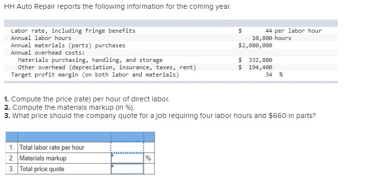 PLEASE SHOW WORK AND BE CORRECT HH Auto Repair reports the following
