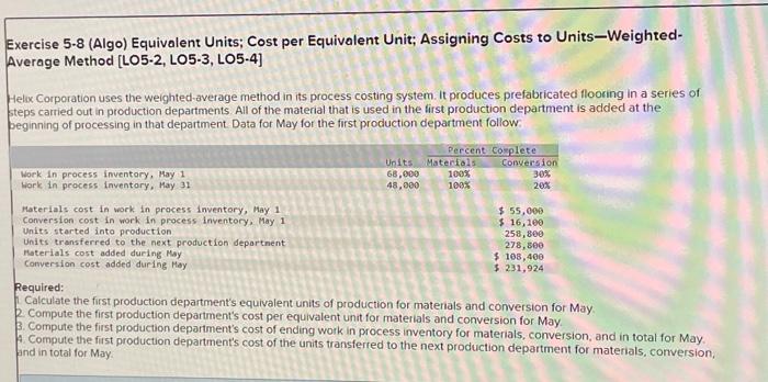 Exercise 5.8 (Algo) Equivalent Units; Cost per Equivalent Unit; Assigning Costs