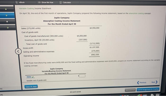  Show Me How Calculator Variable Costing Income Statement On April 30,