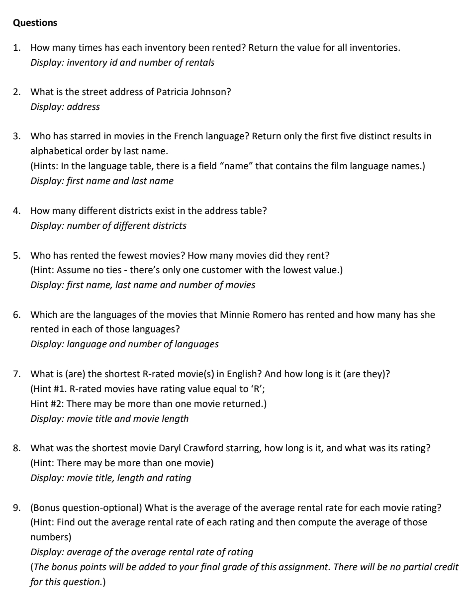  SQL. Please answer all the questions for positive feedback and a