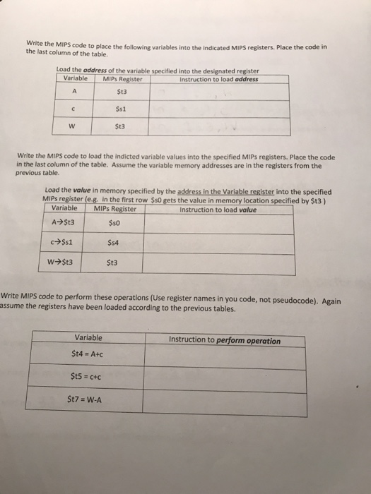  Write the MIPS code to place the following variables into the