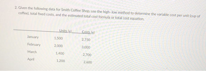  2. Given the following data for Smith Coffee Shop, use the