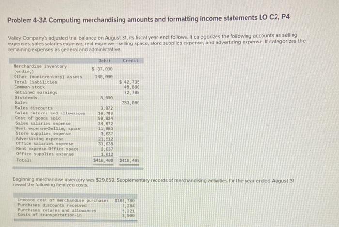  Problem 4-3A Computing merchandising amounts and formatting income statements LO C2,