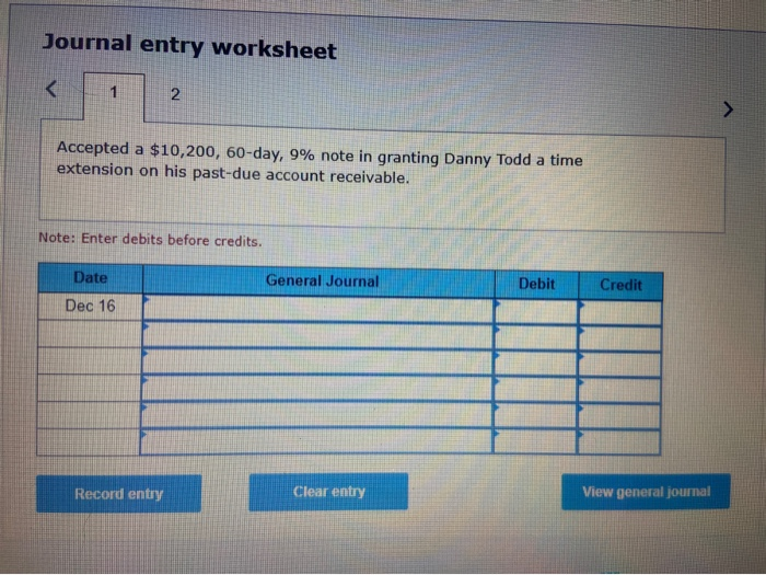 Dec. 16 Accepted a $10,200, 60-day, 9% note in granting Danny Todd