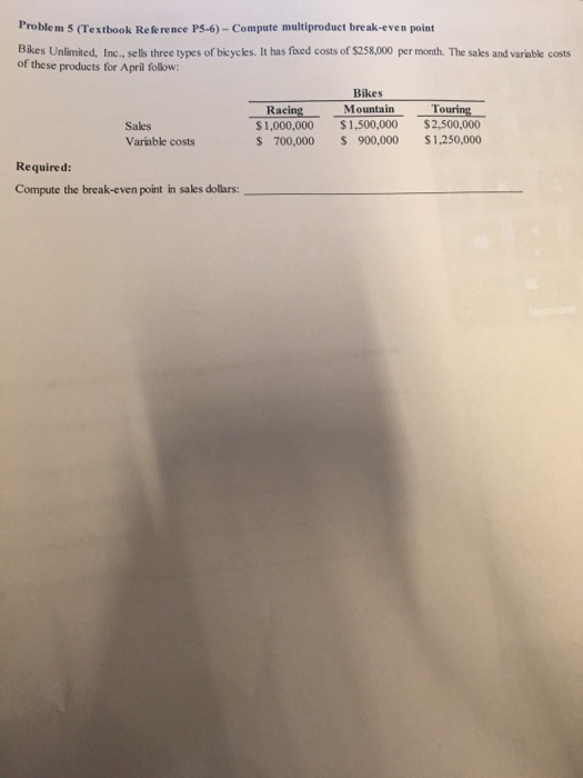  Problem 5 (Textbook Refe rence P5-6)- Compute multiproduct break-even point Bikes