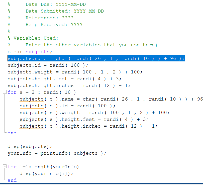 file I am manipulating. Thank you so much! 4.2 printInfo Modify printInfo.m