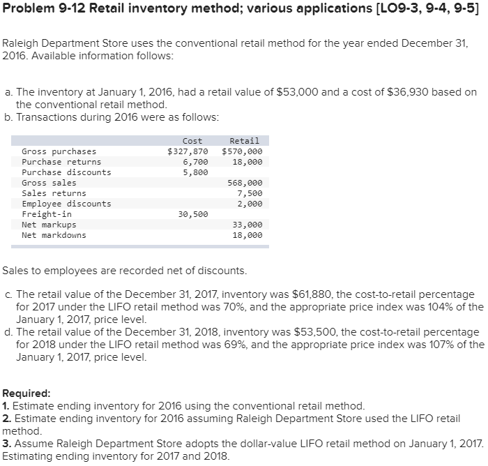  Problem 9-12 Retail inventory method; various applications [LO9-3, 9-4, 9-5] Raleigh