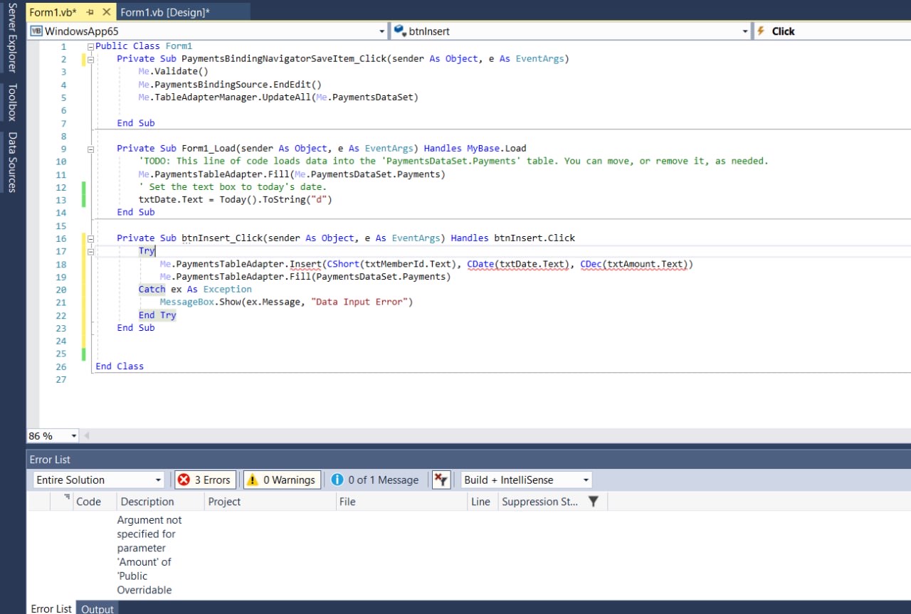  Form 1.vb* Form 1.vb [Design] WindowsApp65 Error List