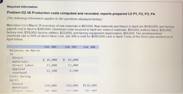  Required information Problem 02-1A Production costs computed and recorded; reports prepared