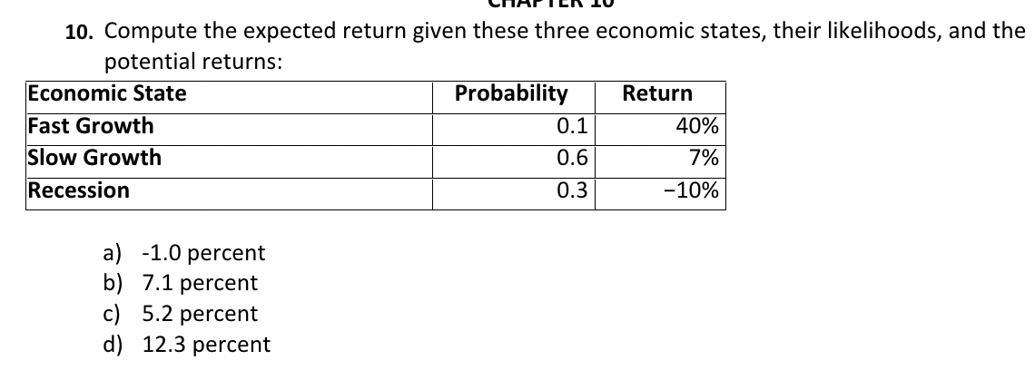  Compute the expected return given these three economic states, their likelihoods,