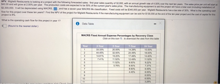 find operating cash flow for this project for all ten years. NPV