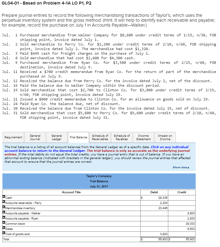 GL04-01 - Based on Problem 4-1A LO P1, P2 GL04-01 - Based
