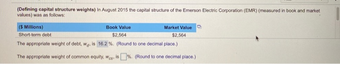  (Defining capital structure weights) In August 2015 the capital structure of