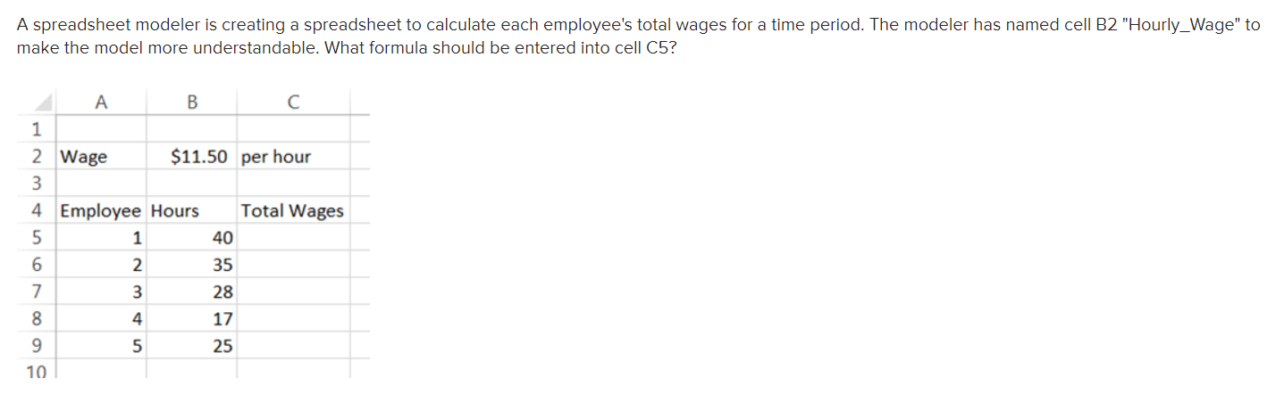  A spreadsheet modeler is creating a spreadsheet to calculate each employee's