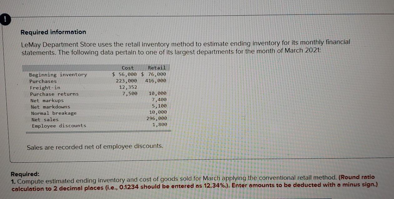  Required information LeMay Department Store uses the retail inventory method to
