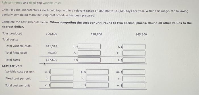  Relevant range and fixed and variable costs Child Play Inc. manufactures